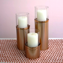 Load image into Gallery viewer, Rose Gold Pillar Candle Holders with Glass Hurricane| Casa Kriti