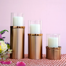 Load image into Gallery viewer, Rose Gold Pillar Candle Holders with Glass Hurricane| Casa Kriti