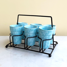 Load image into Gallery viewer, Blue Ceramic Cutting Chai Glass Set with Black Metal Stand | Casa Kriti