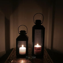Load image into Gallery viewer, Black Mesh Pillar Candle Lantern Pair | Casa Kriti