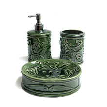 Load image into Gallery viewer, Green Floral Ceramic Bathroom Set of 3 | Casa Kriti
