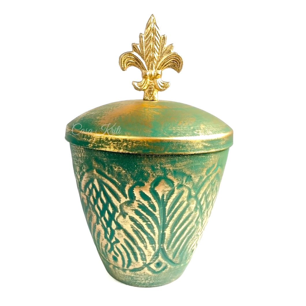 Luxurious Green-Golden Decorative Jar with Lid | Casa Kriti