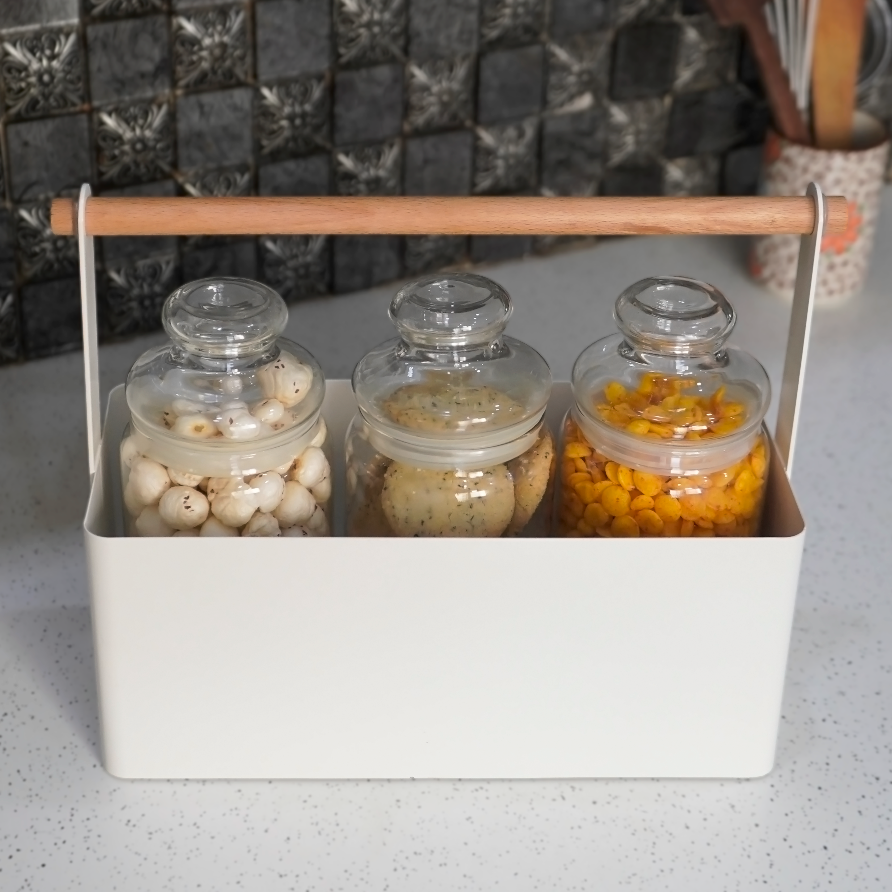 White Kitchen Organizer with Wooden Handle | Casa Kriti