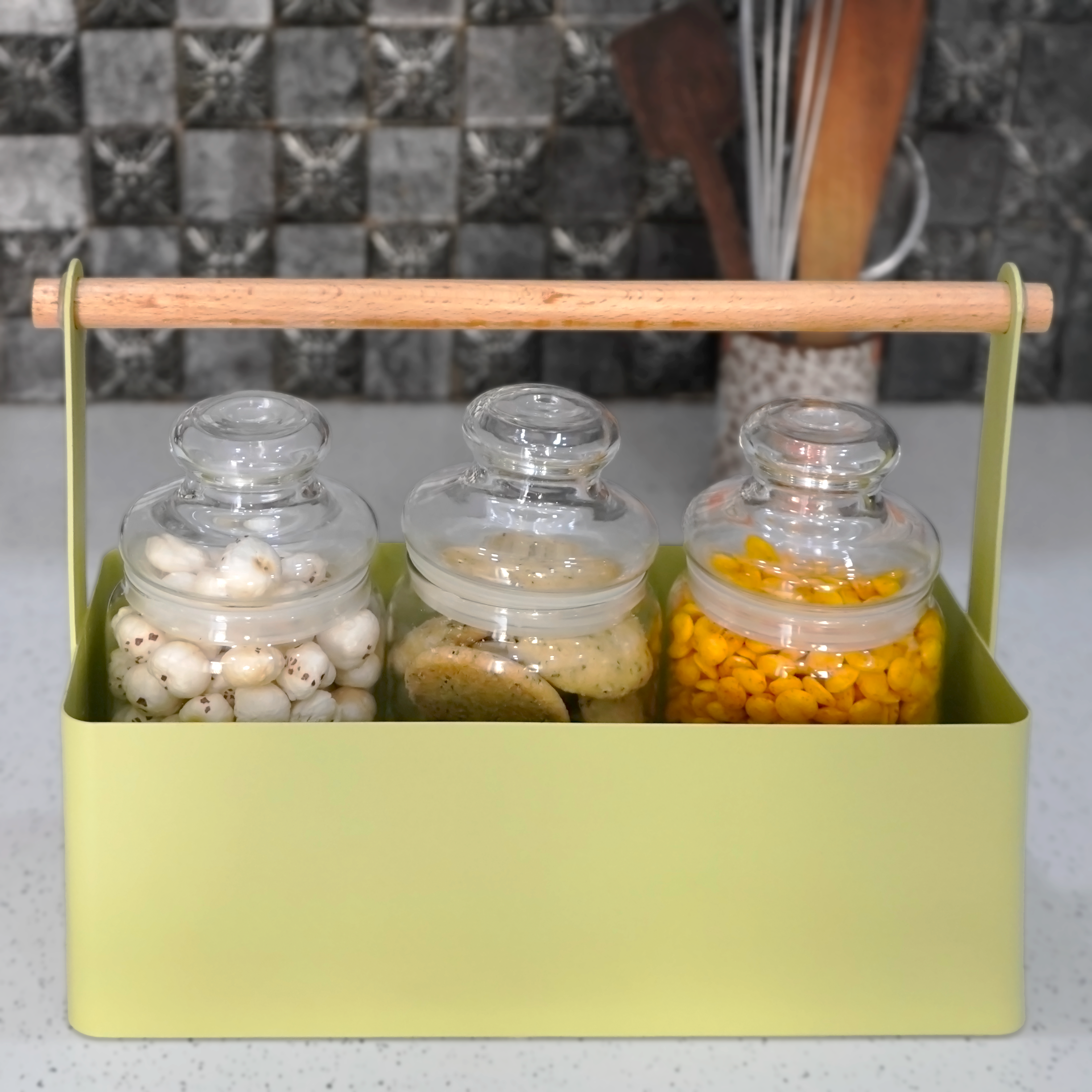Matte Green Kitchen Organizer with Wooden Handle | Casa Kriti