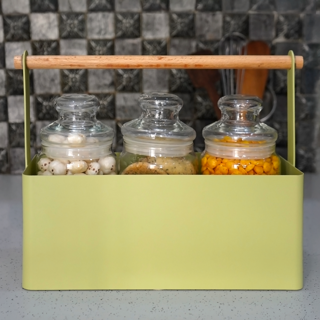 Matte Green Kitchen Organizer with Wooden Handle | Casa Kriti
