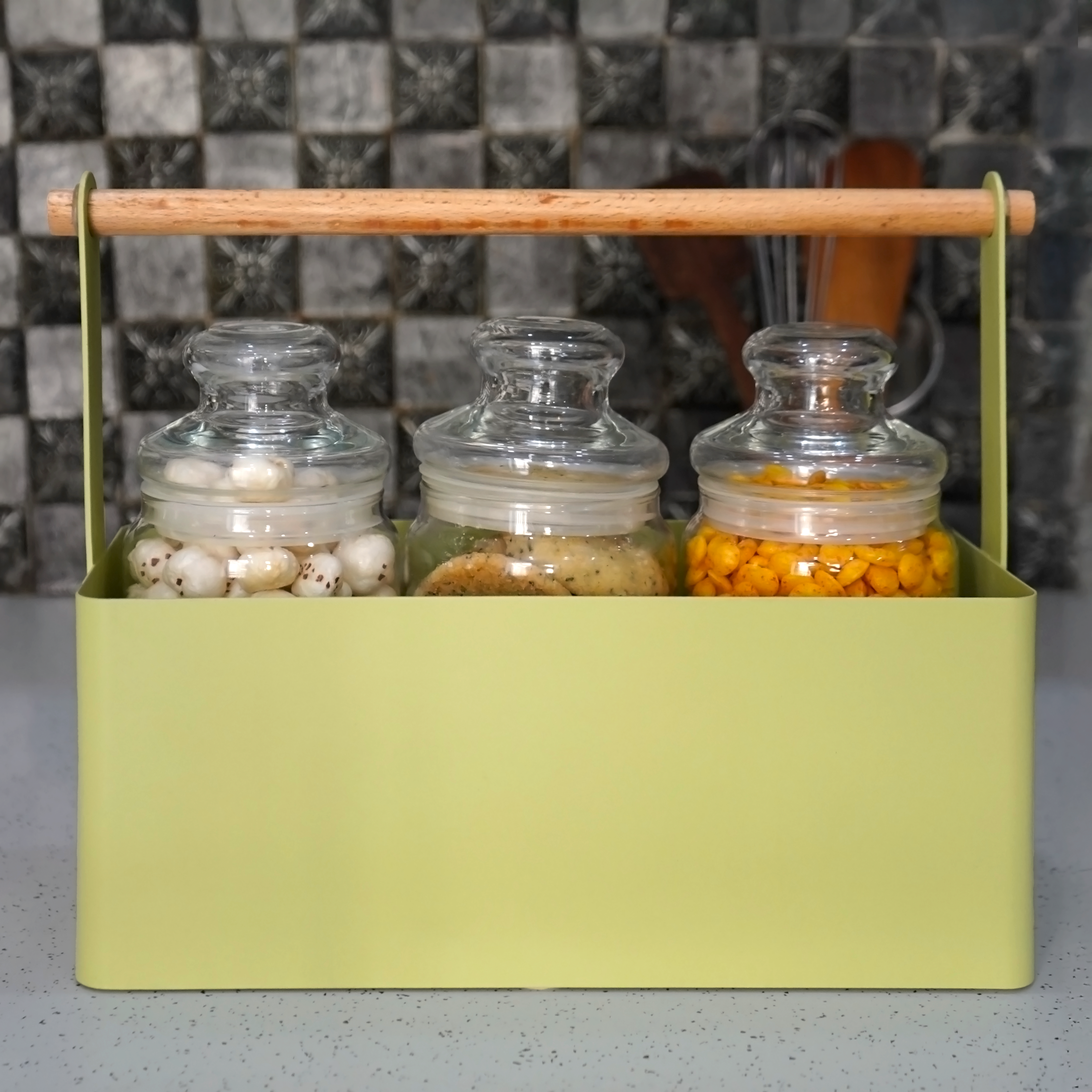 Matte Green Kitchen Organizer with Wooden Handle | Casa Kriti