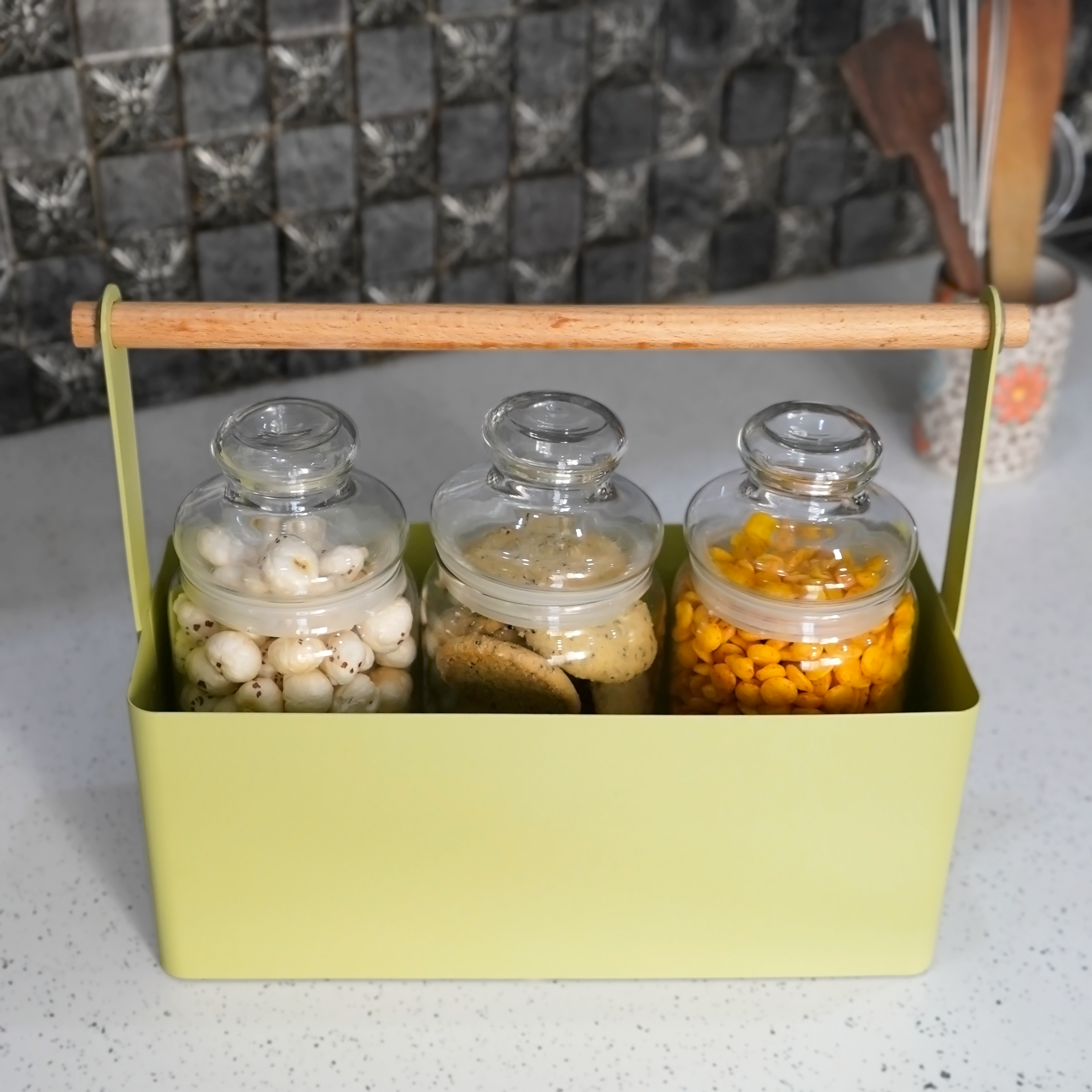 Matte Green Kitchen Organizer with Wooden Handle | Casa Kriti