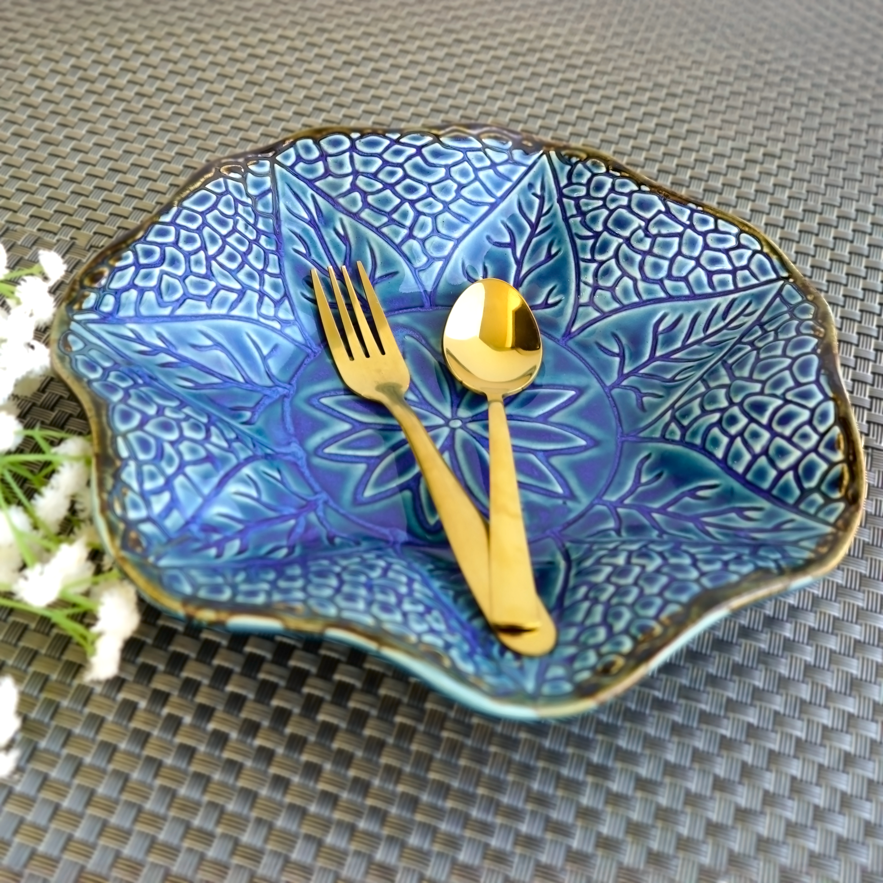 Blue Embossing Round Serving Platter | Casa Kriti