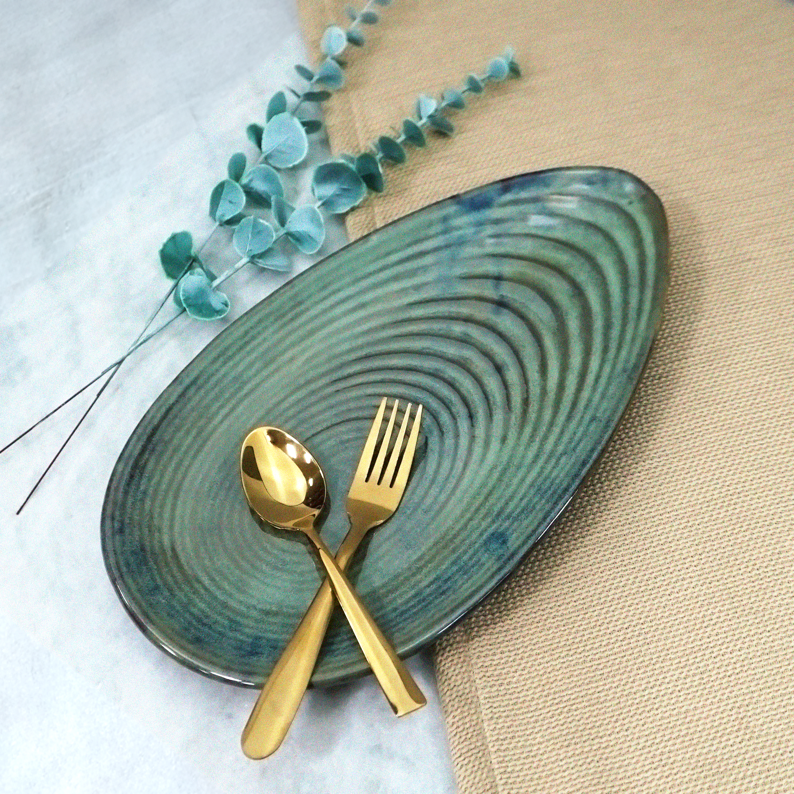 Almond-shaped Green Ceramic Serving Platter