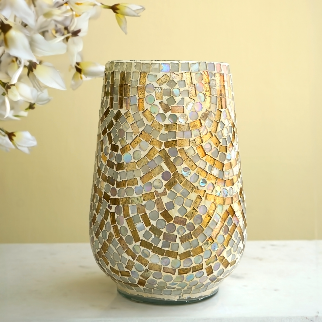 Golden Ivory Mosaic Glass Vase | Casa Kriti