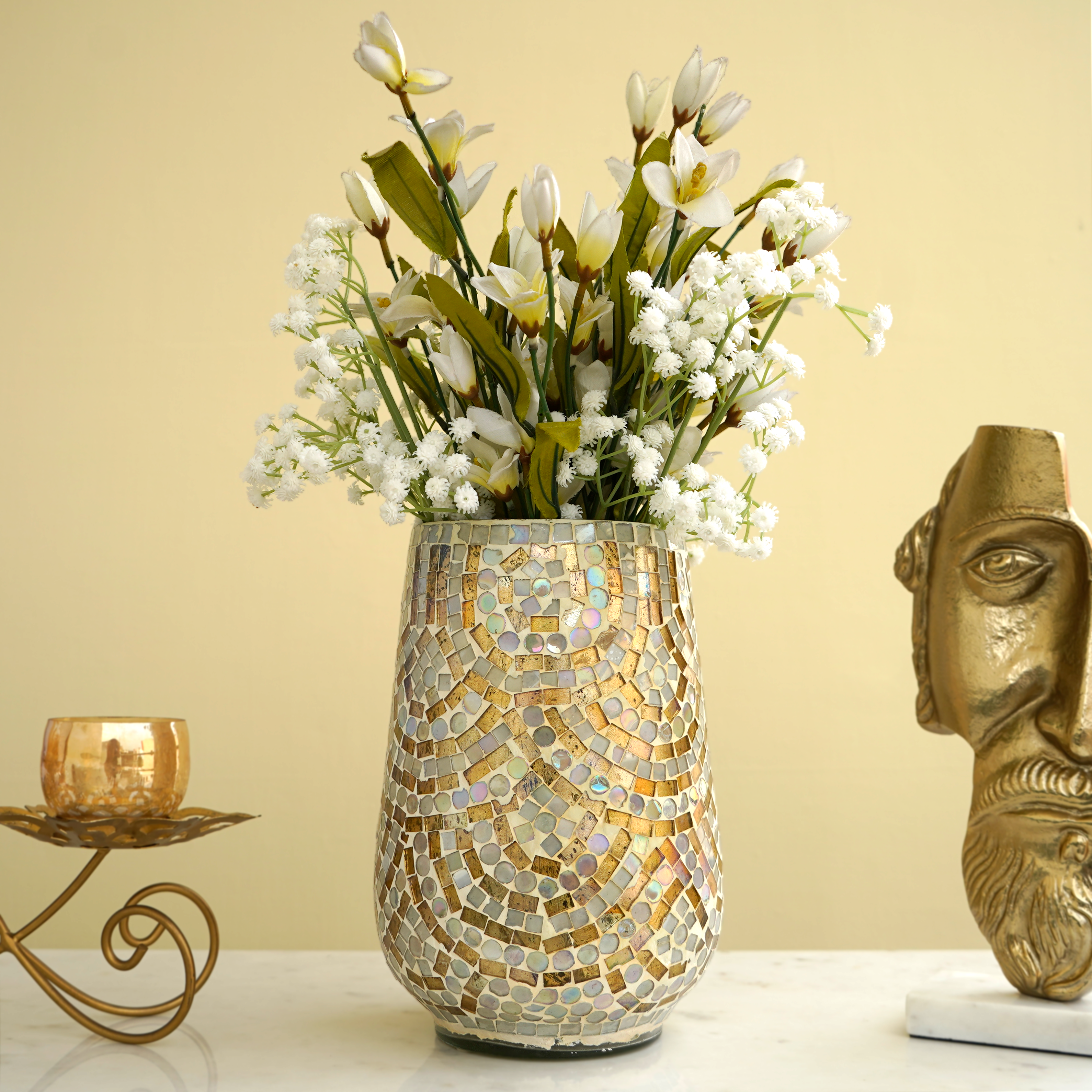 Golden Ivory Mosaic Glass Vase | Casa Kriti