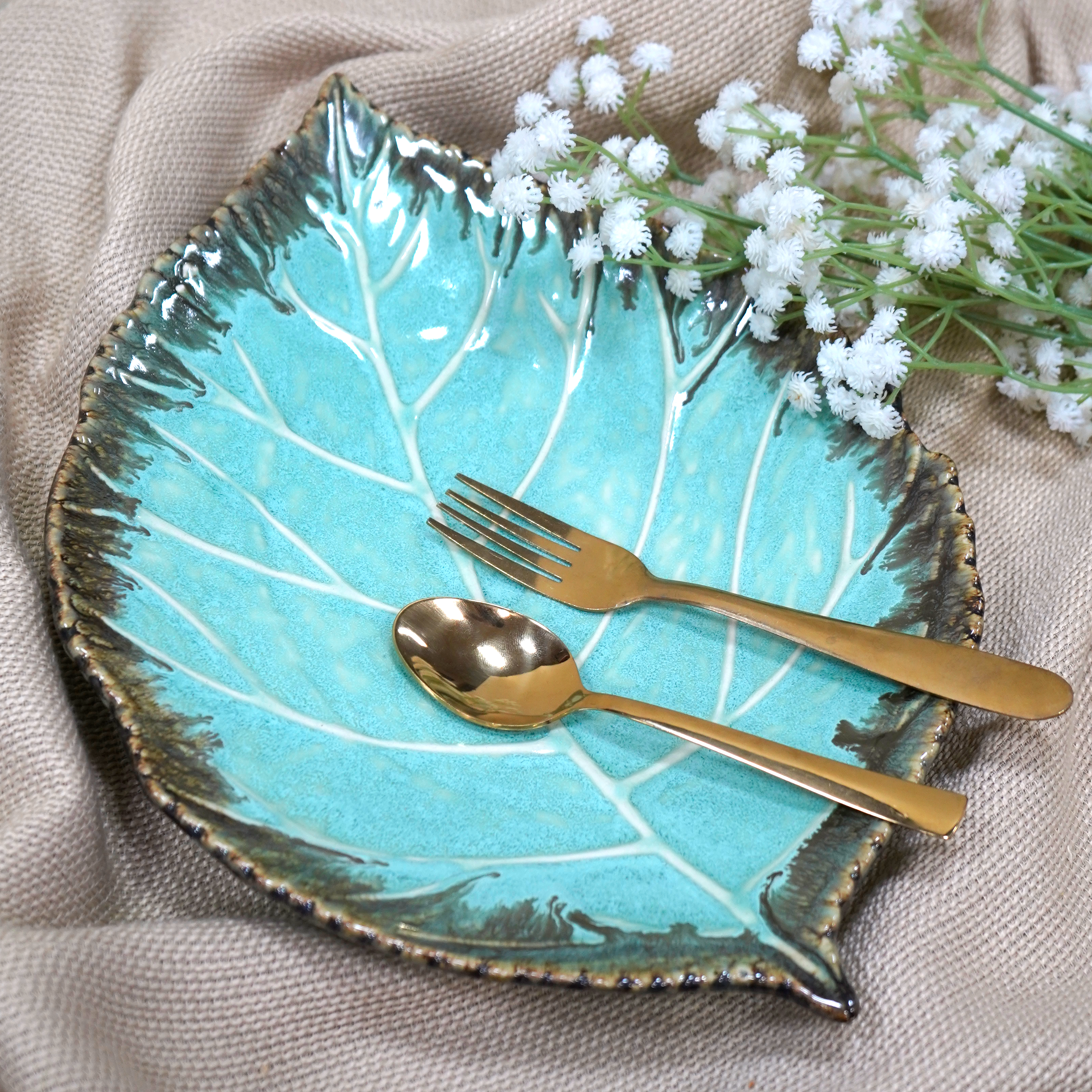 Large Blue Leaf Ceramic Serving Platter | Casa Kriti