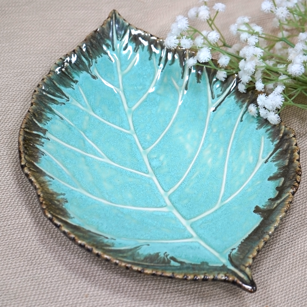 Large Blue Leaf Ceramic Serving Platter | Casa Kriti