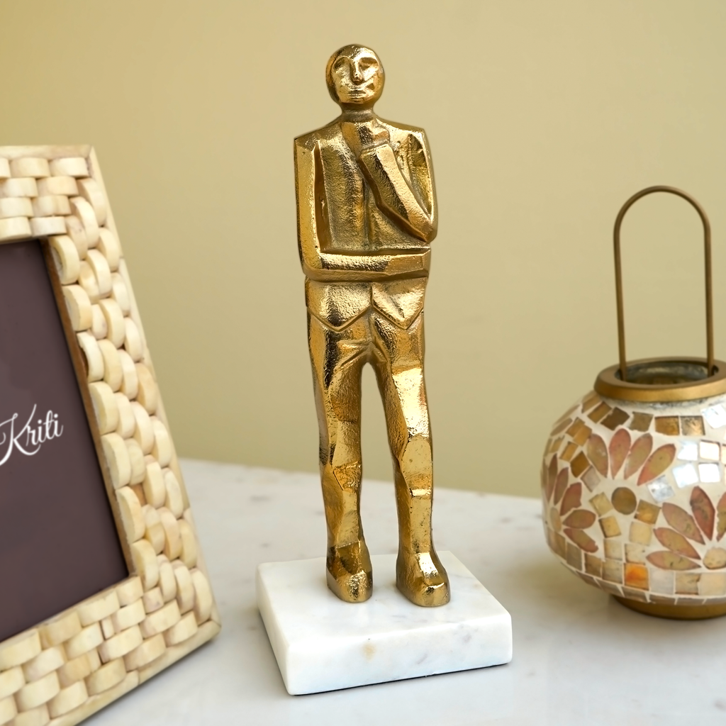 Golden Standing Human Figurine with Marble Base