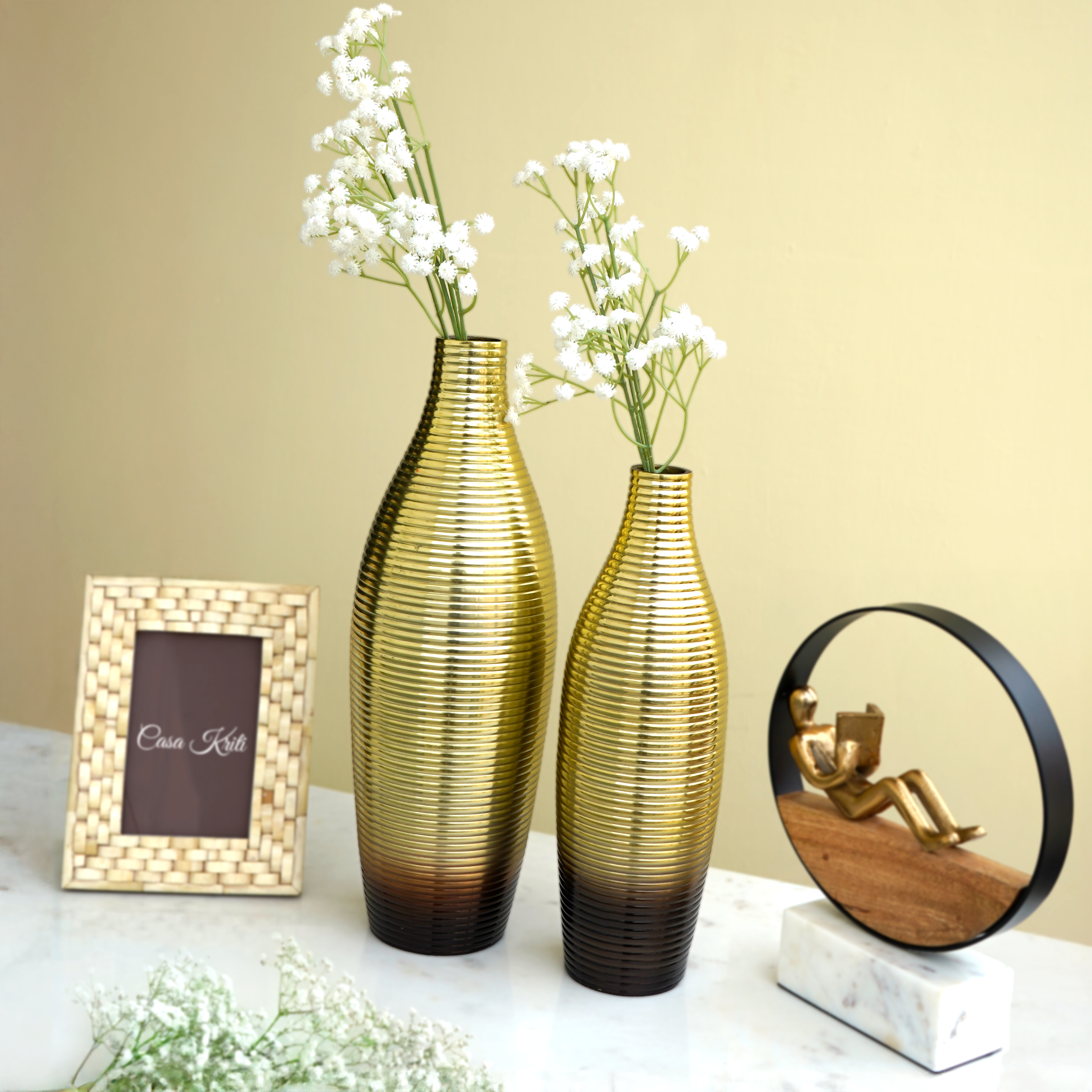Dual Tone Gold and Brown Fluted Flower Vase Pair | Casa Kriti