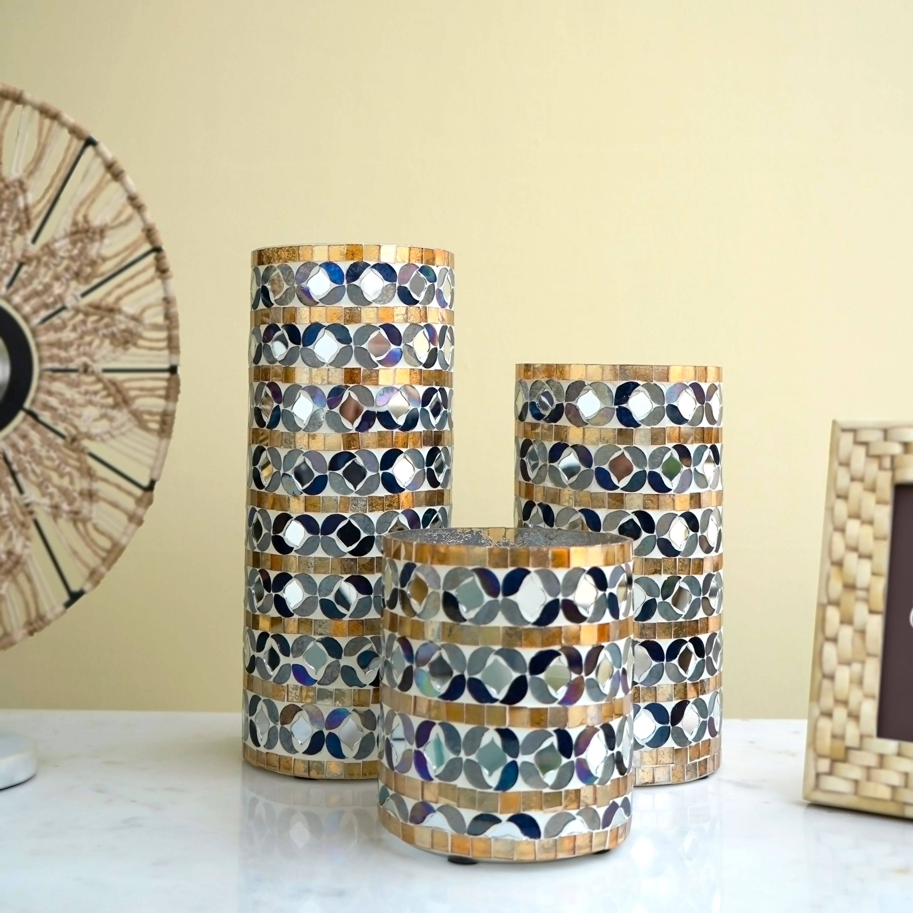 Monochrome Majesty Mosaic Glass Vase Set of 3 | Casa Kriti
