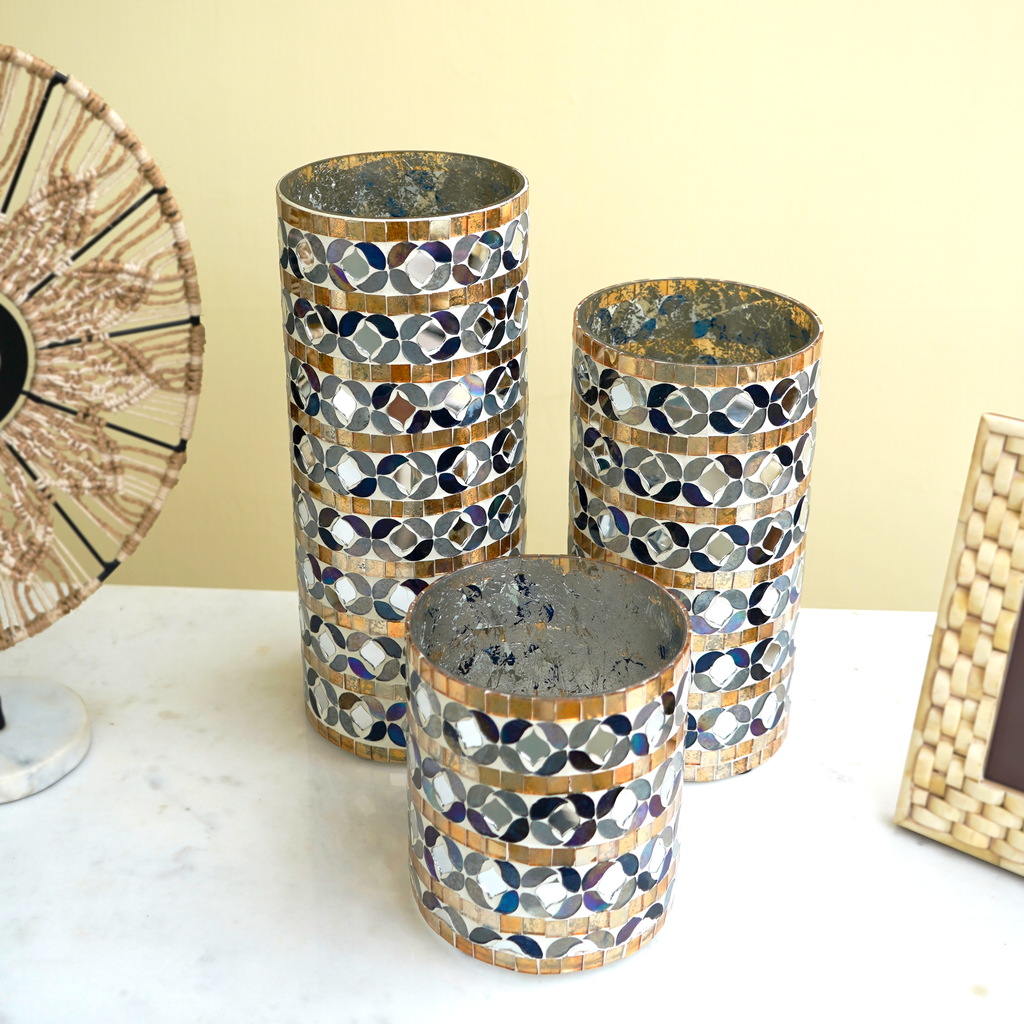Monochrome Majesty Mosaic Glass Vase Set of 3 | Casa Kriti