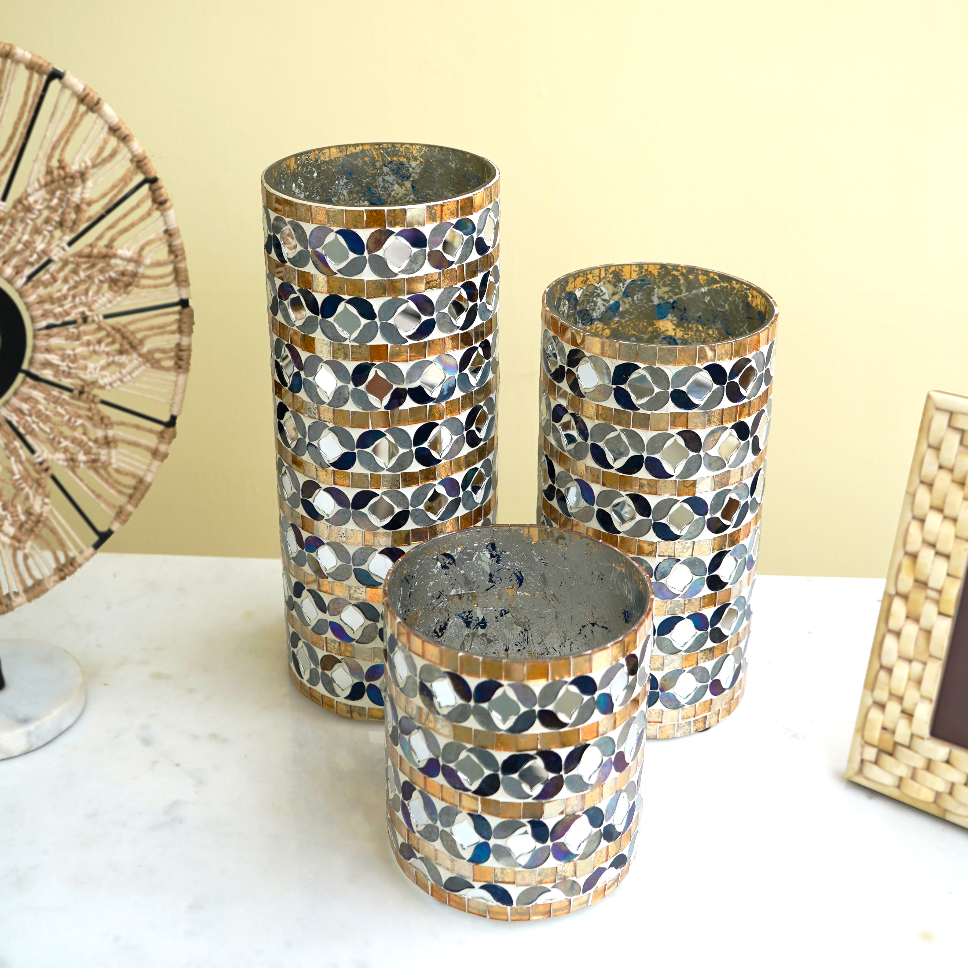 Monochrome Majesty Mosaic Glass Vase Set of 3 | Casa Kriti