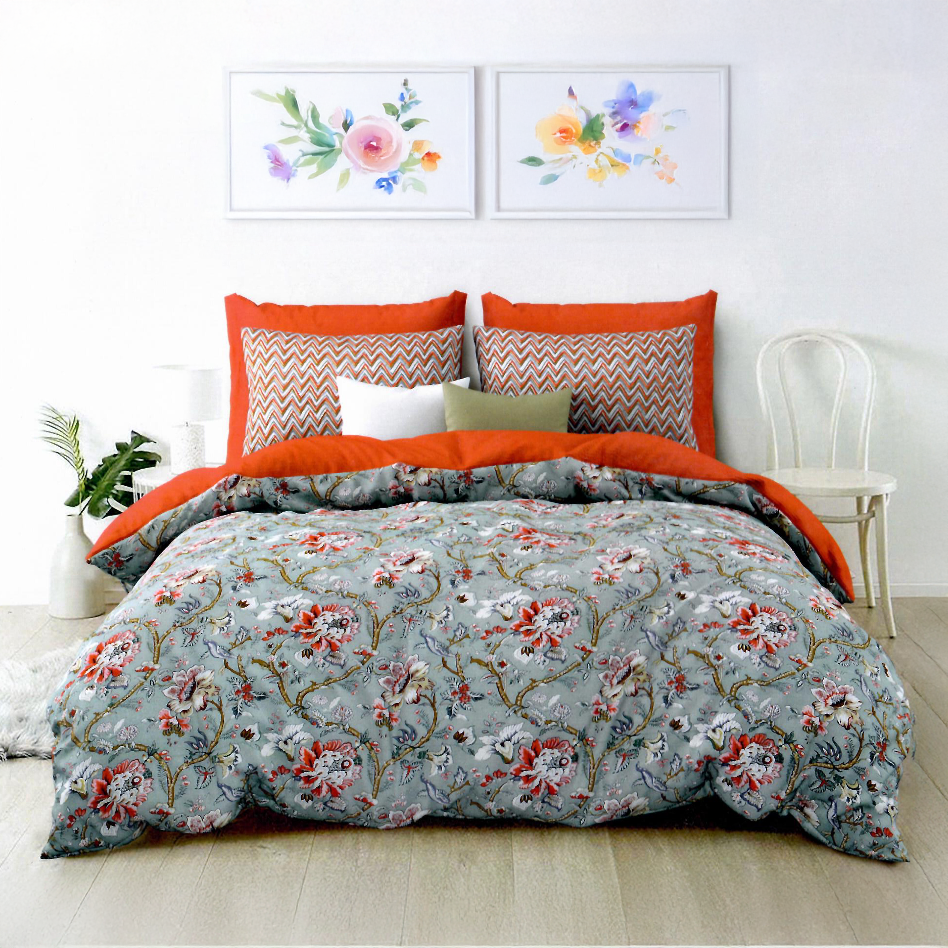 Floral Harmony Grey Double Bed Sheet Set | Casa Kriti