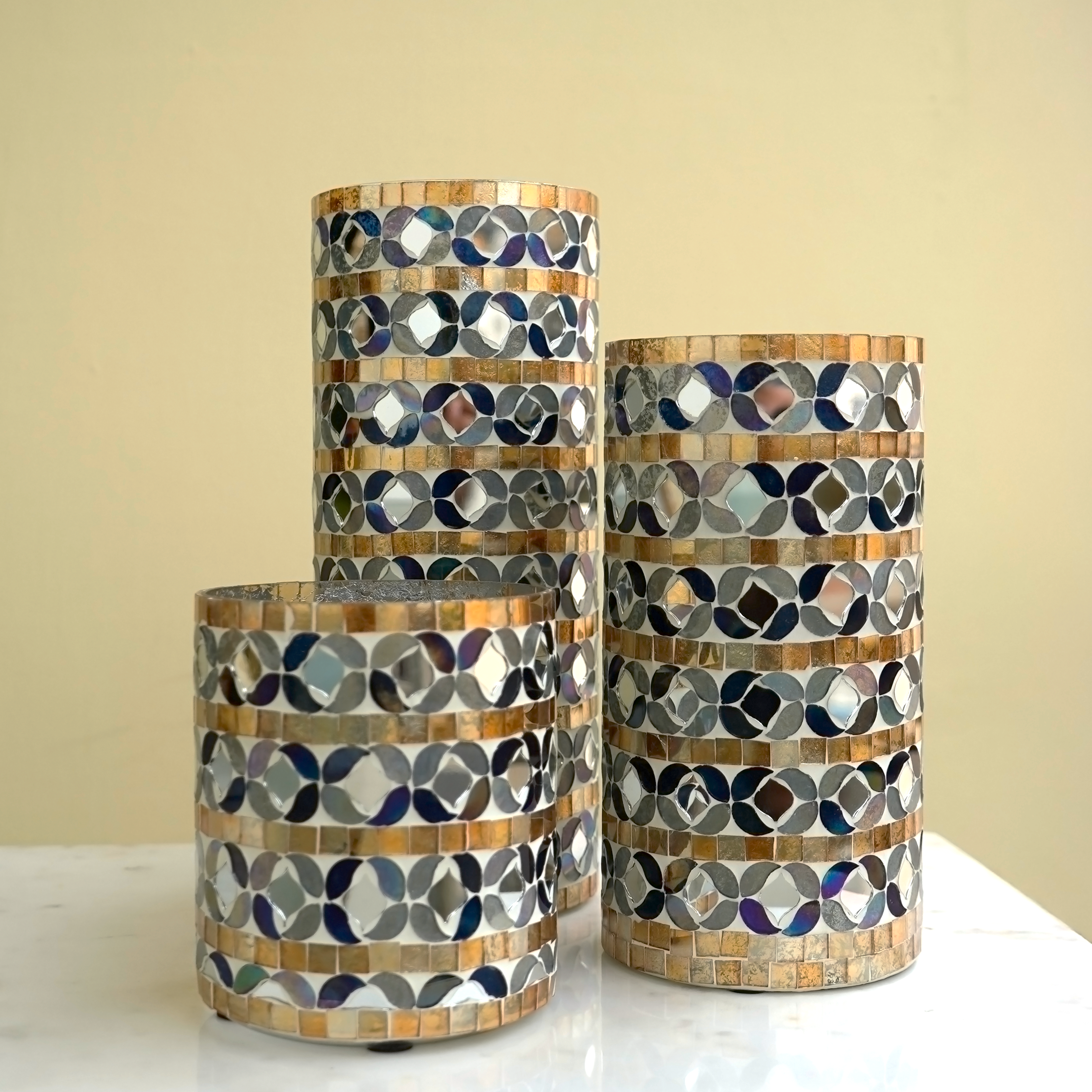 Monochrome Majesty Mosaic Glass Vase Set of 3 | Casa Kriti