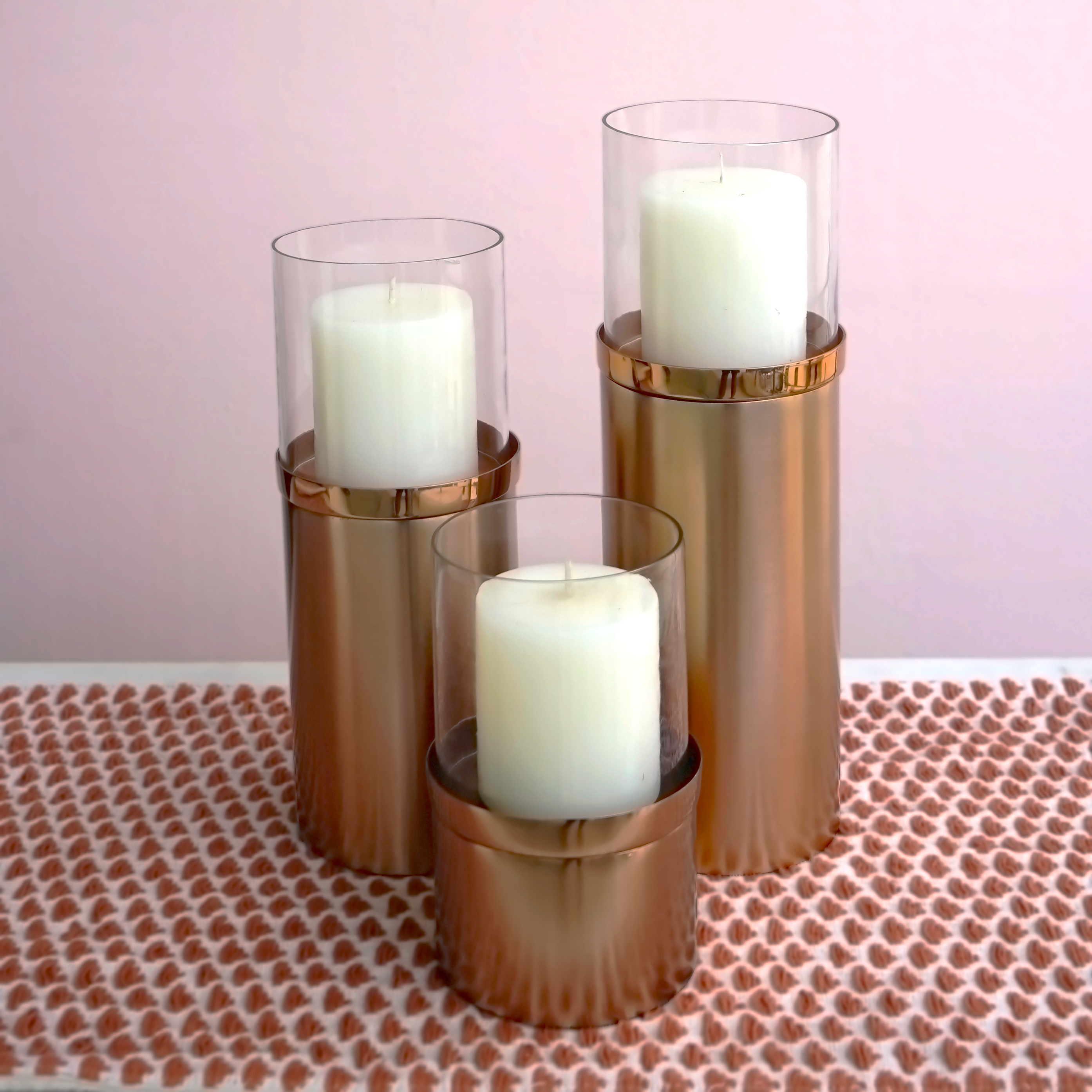 Rose Gold Pillar Candle Holders with Glass Hurricane| Casa Kriti