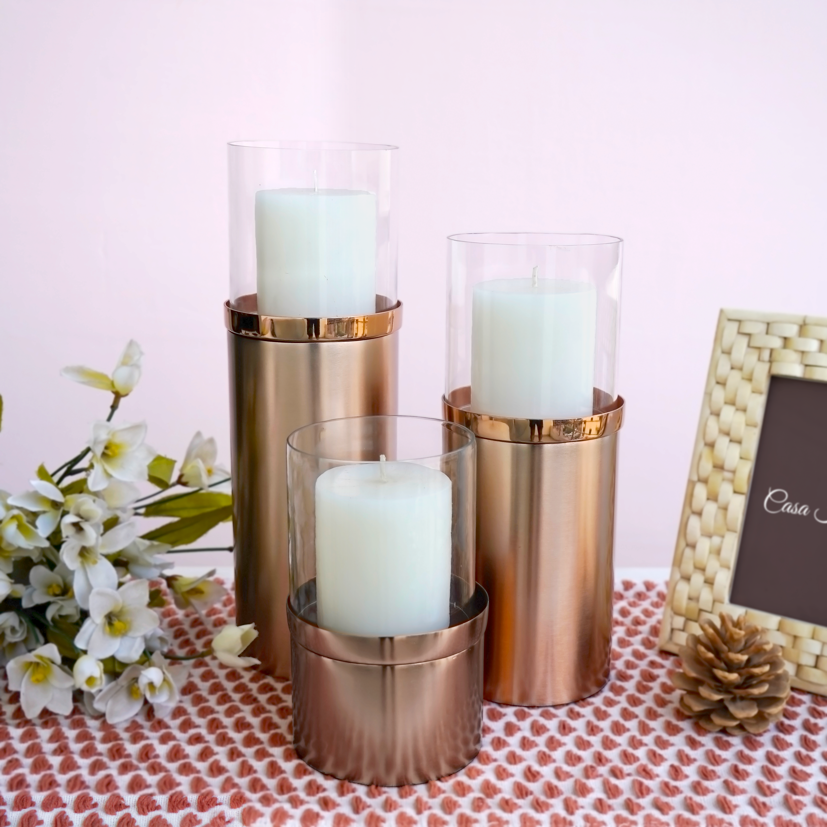 Rose Gold Pillar Candle Holders with Glass Hurricane| Casa Kriti