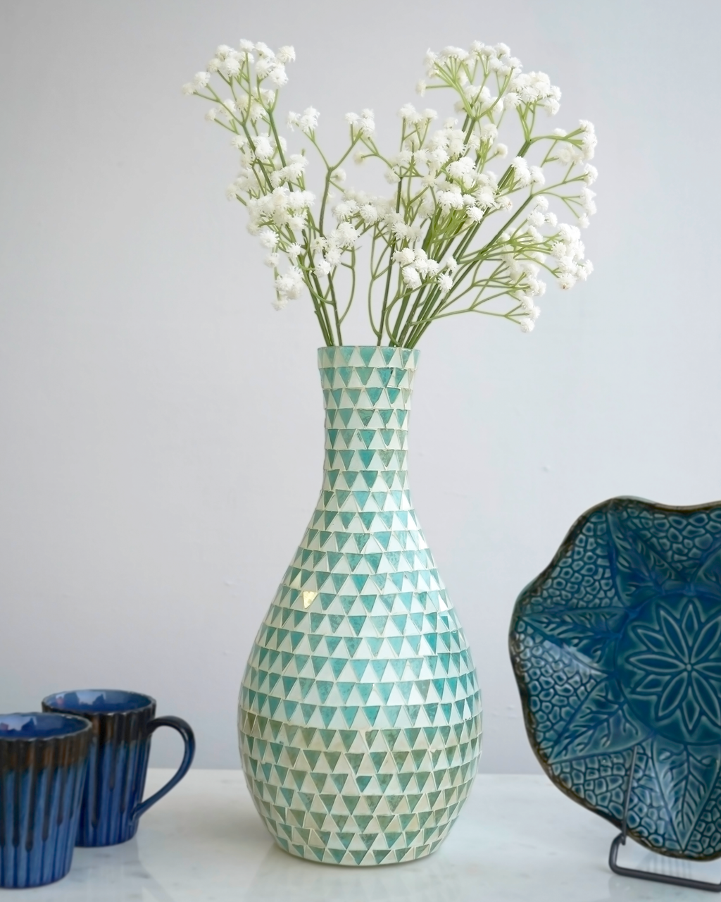 White Blue Wave Mosaic Glass Vase | Casa Kriti