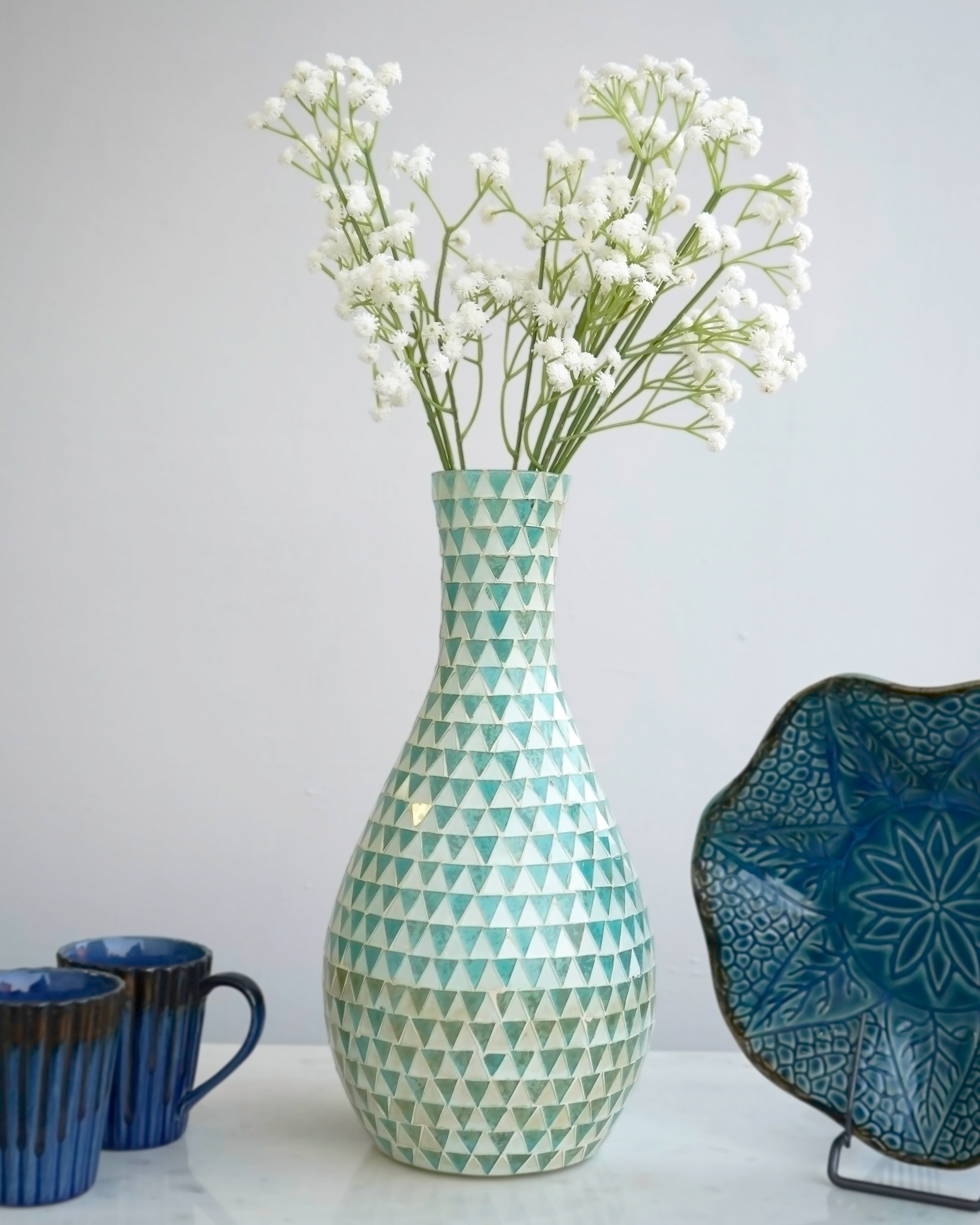 White Blue Wave Mosaic Glass Vase | Casa Kriti