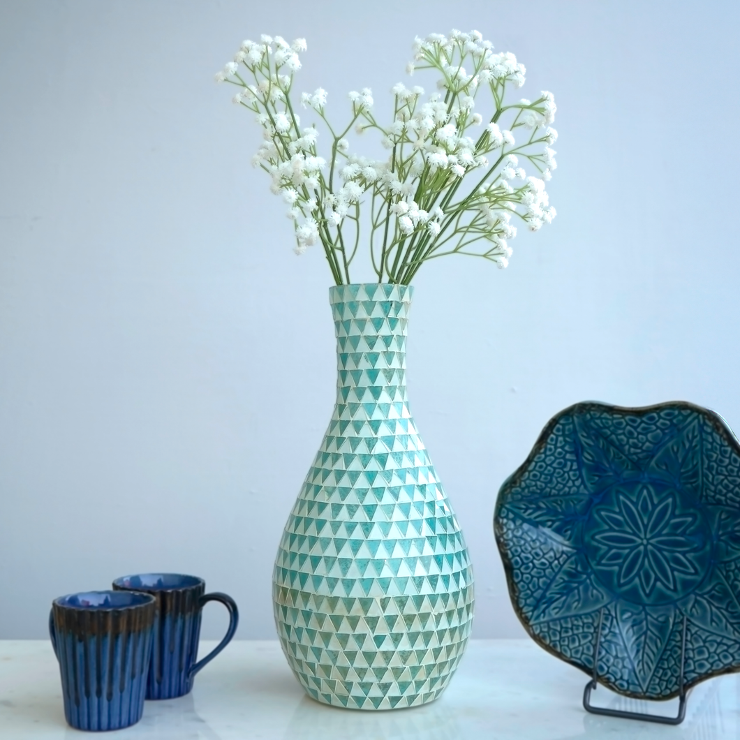 White Blue Wave Mosaic Glass Vase | Casa Kriti