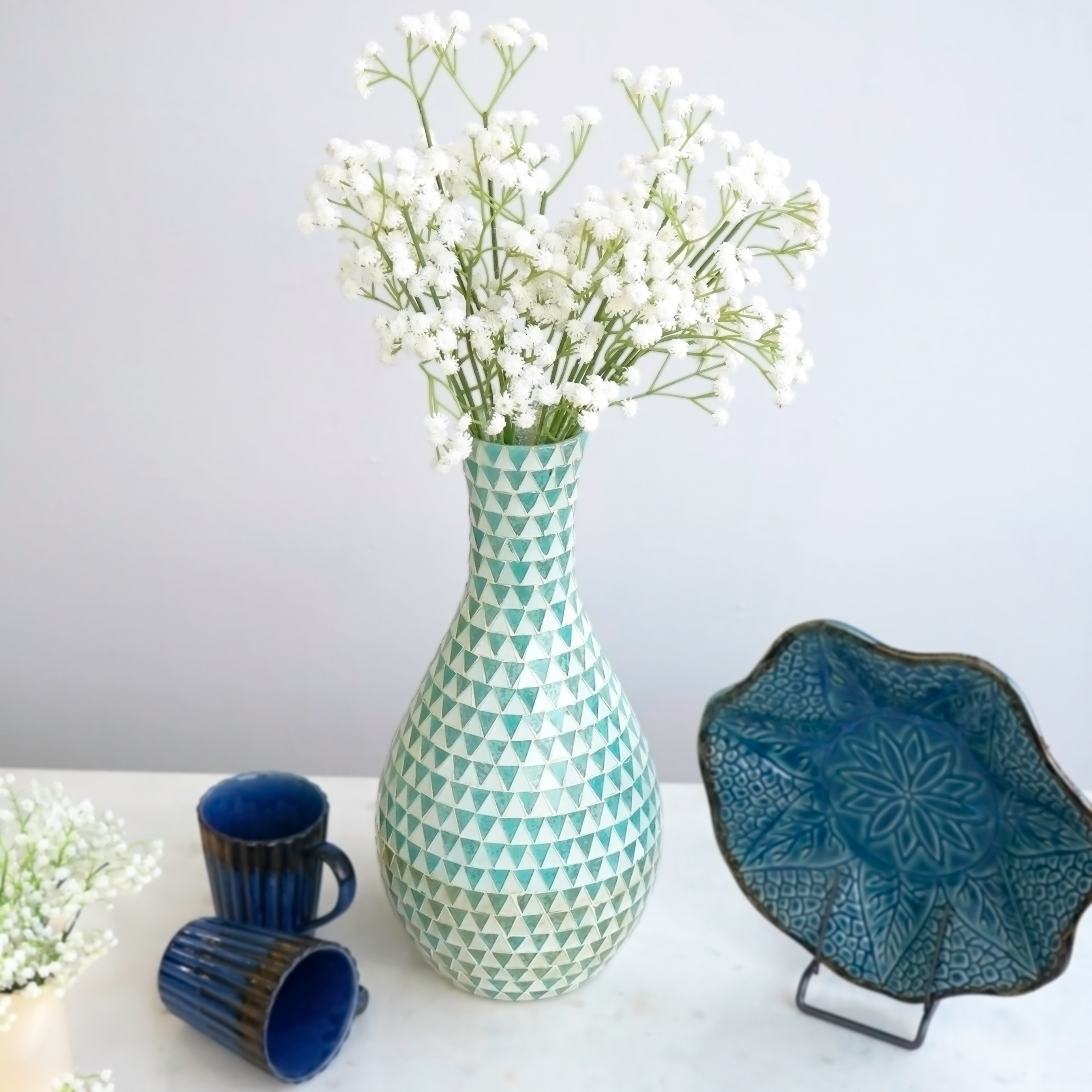 White Blue Wave Mosaic Glass Vase | Casa Kriti
