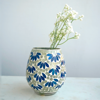 Blue Petals Mosaic Glass Vase Small | Casa Kriti