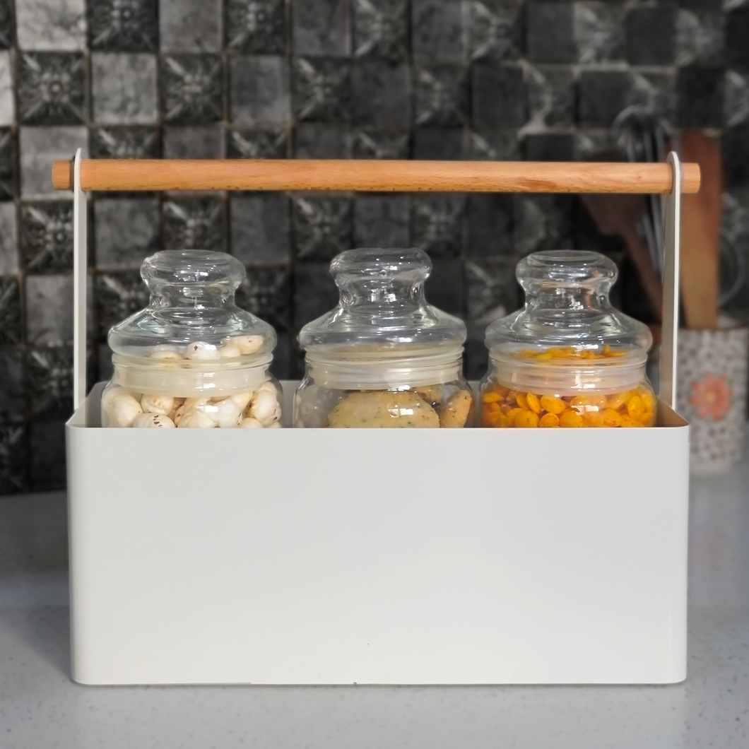 White Kitchen Organizer with Wooden Handle | Casa Kriti