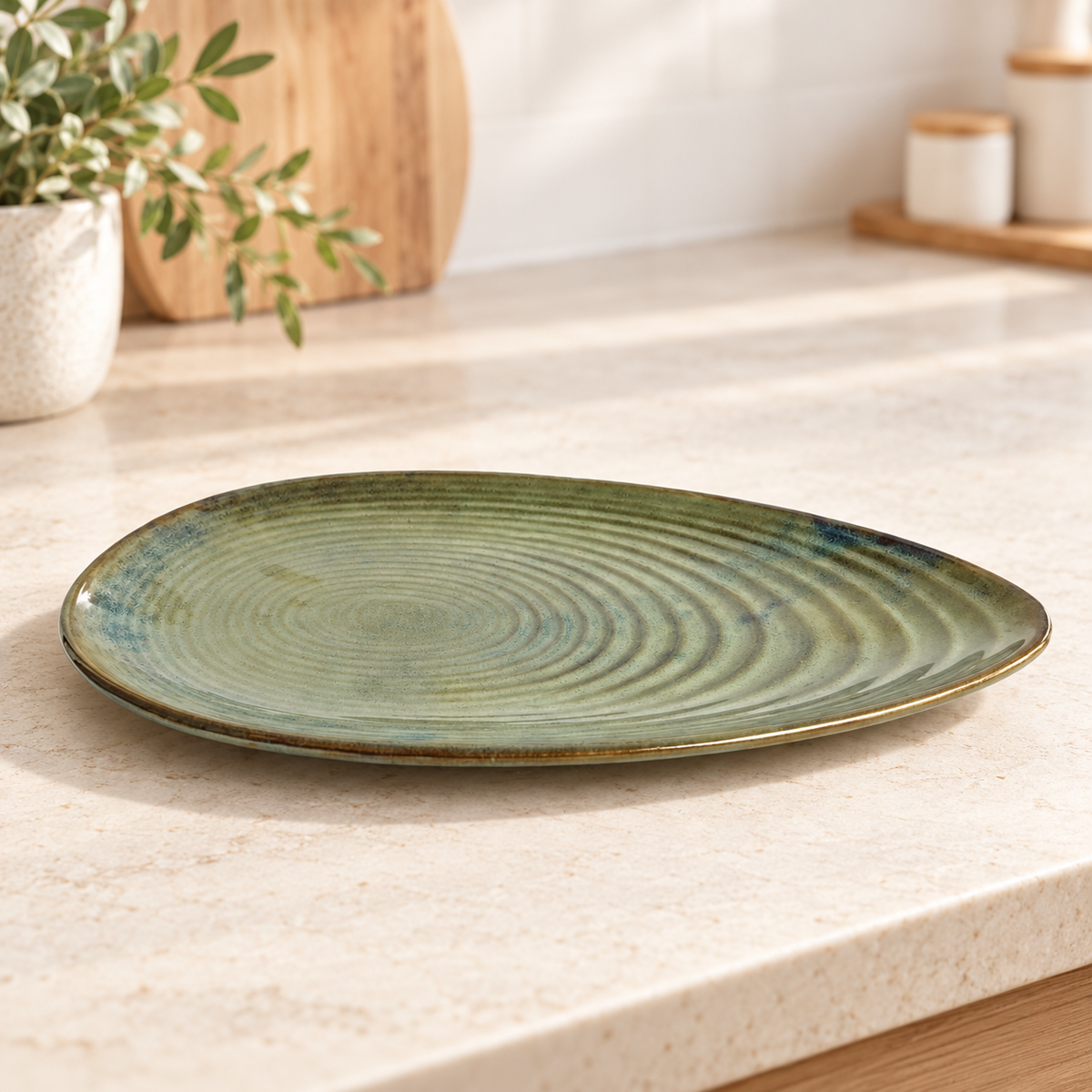 Almond-shaped Green Ceramic Serving Platter