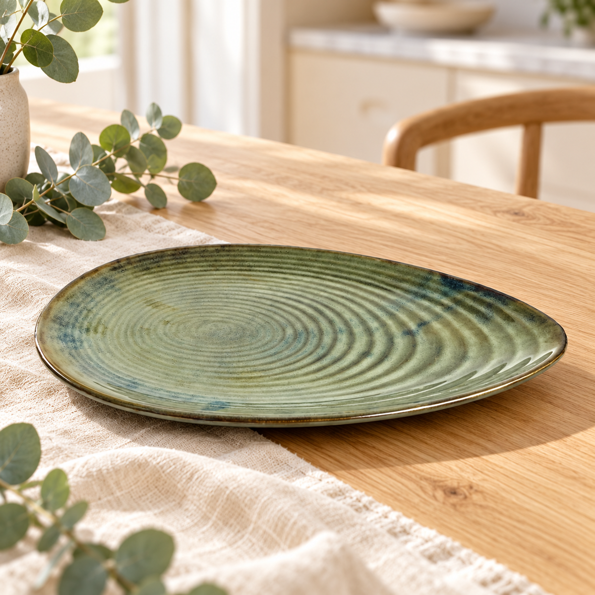 Almond-shaped Green Ceramic Serving Platter