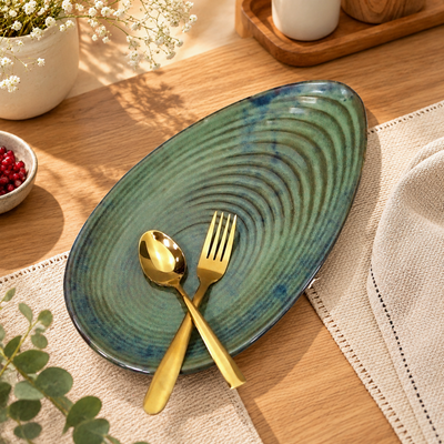 Almond-shaped Green Ceramic Serving Platter