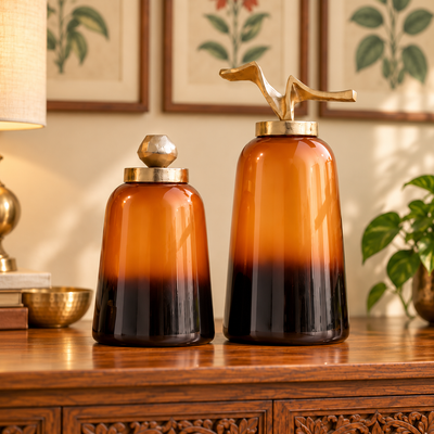 Amber Glass Decorative Jars Set of 2