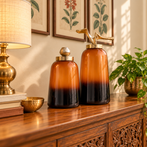 Amber Glass Decorative Jars Set of 2