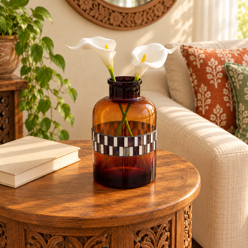 Amber Glass Flower Vase with Mosaics