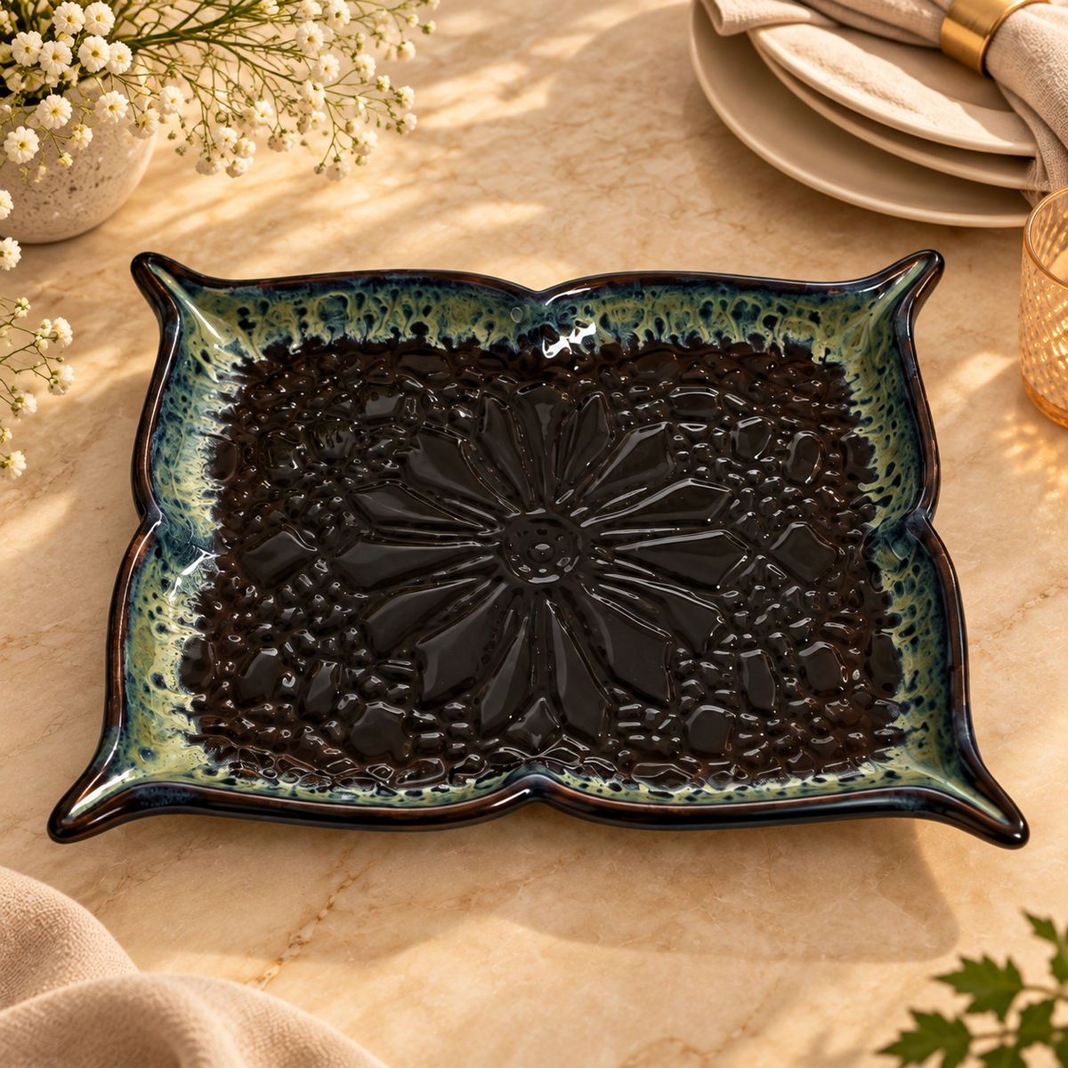 Black Embossing Ceramic Serving Platter