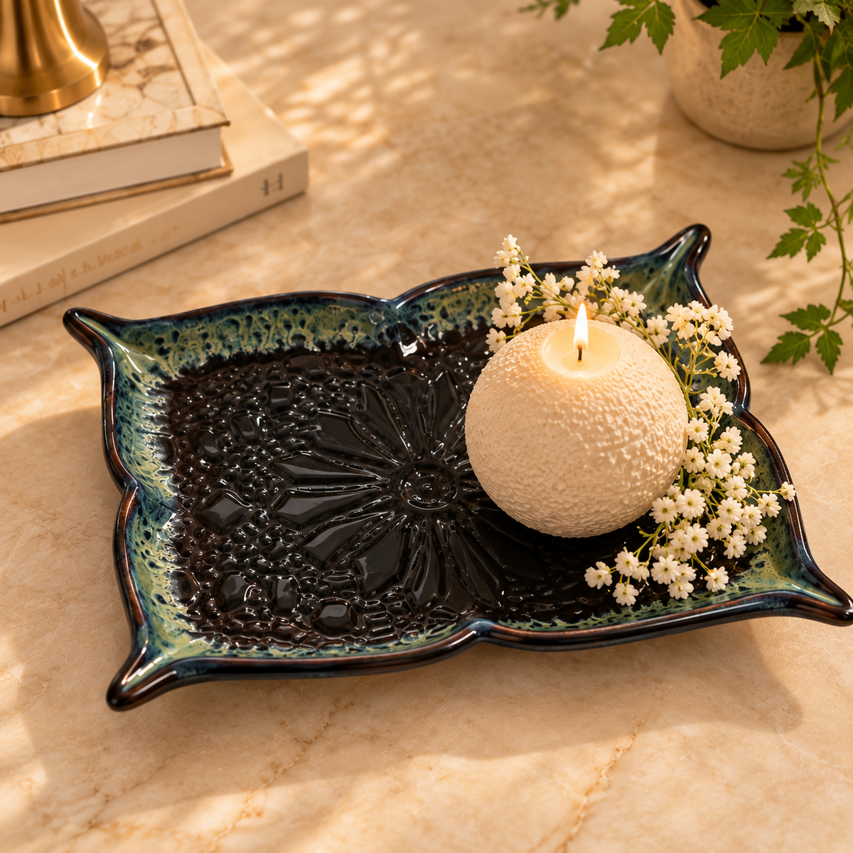Black Embossing Ceramic Serving Platter