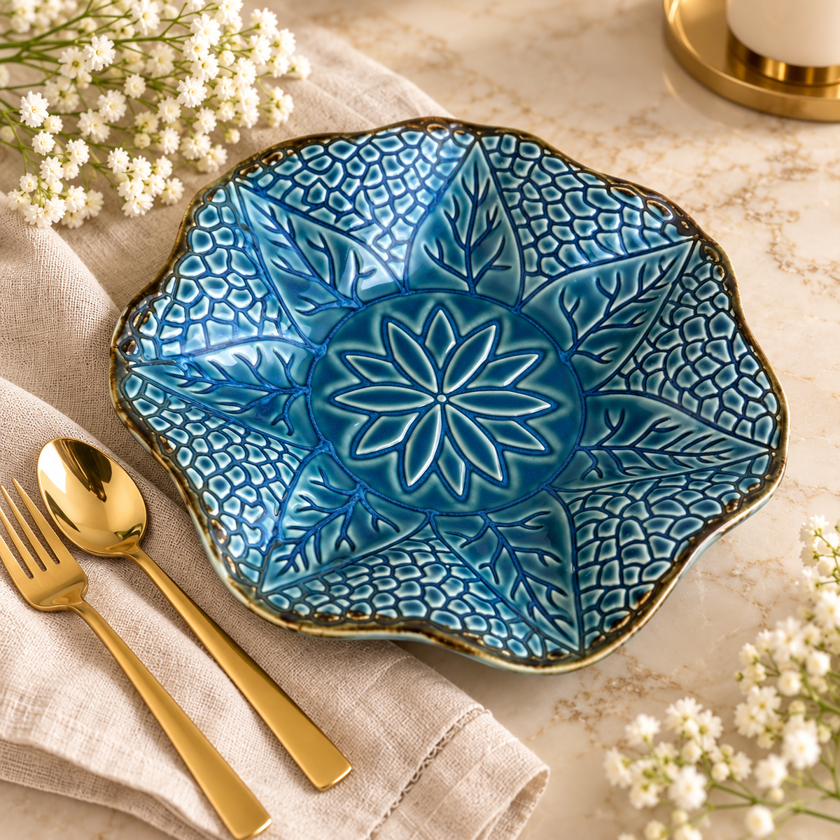 Blue Embossing Round Serving Platter