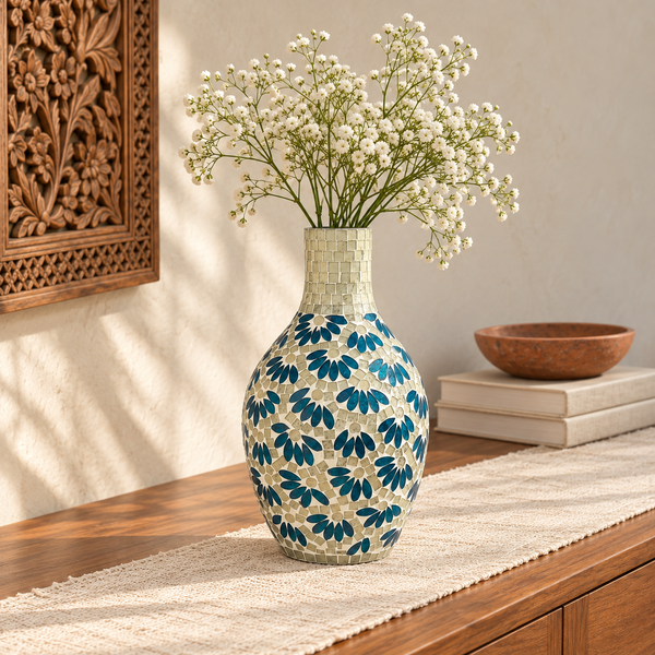 Blue Petals Mosaic Glass Vase Large