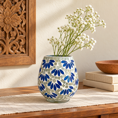 Blue Petals Mosaic Glass Vase Small