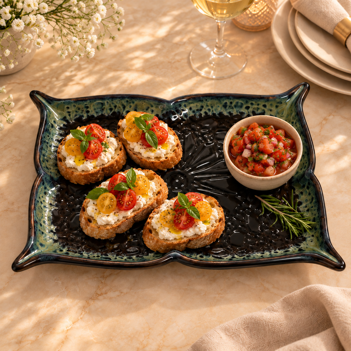 Black Embossing Ceramic Serving Platter