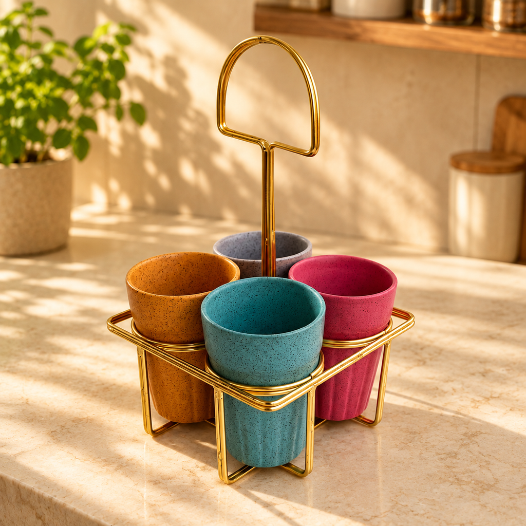 Ceramic Cutting Chai Glass Set with Gold Metal Stand