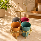 Ceramic Cutting Chai Glass Set with Gold Metal Stand