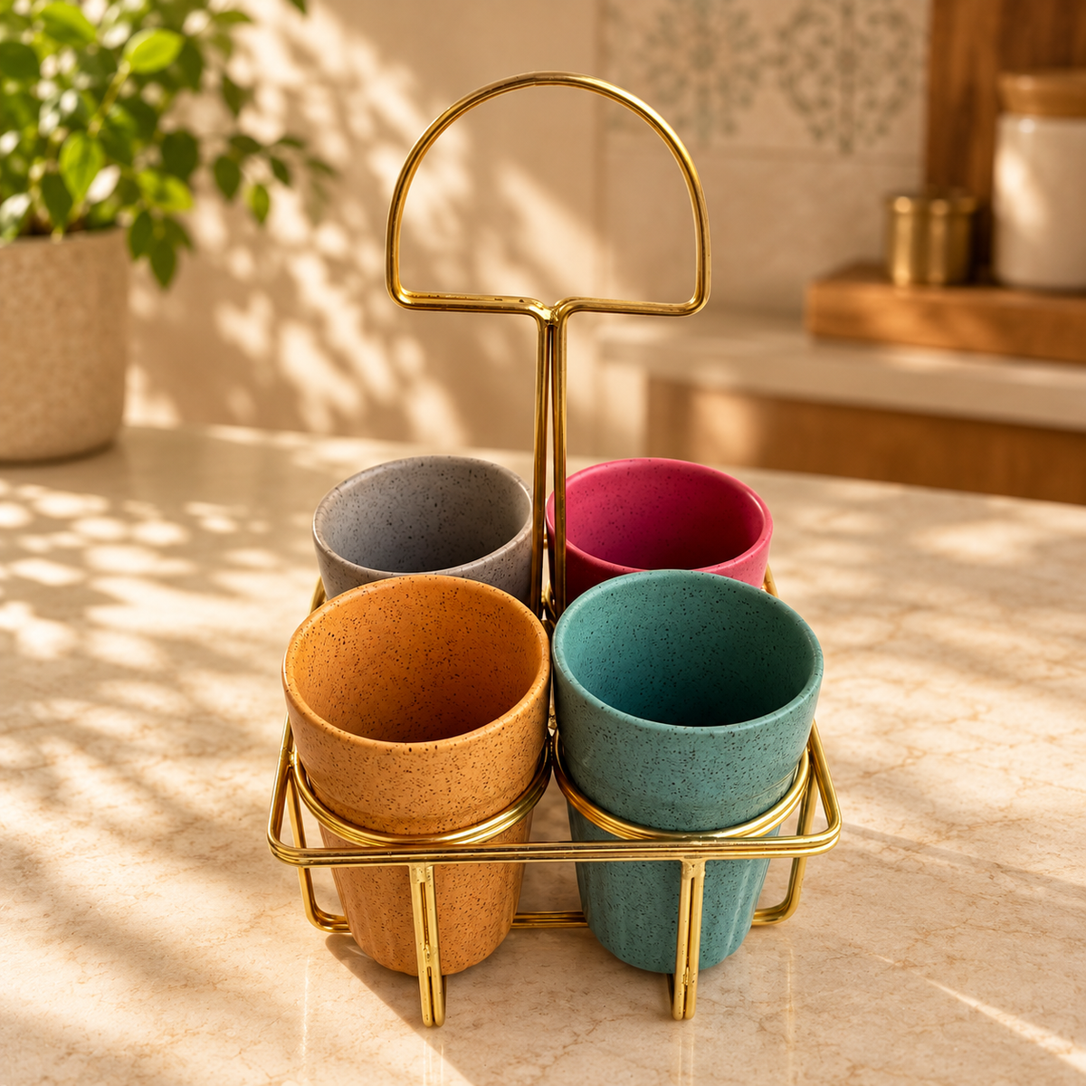 Ceramic Cutting Chai Glass Set with Gold Metal Stand