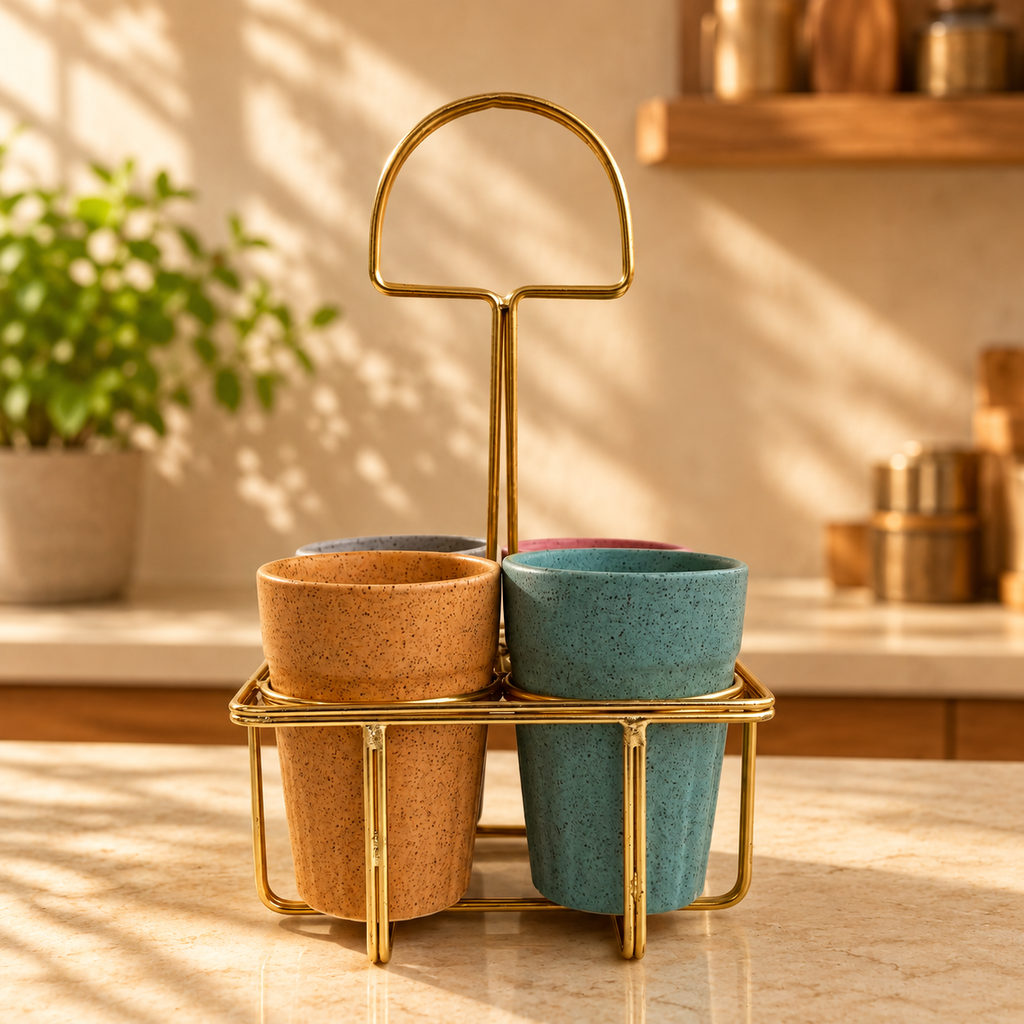 Ceramic Cutting Chai Glass Set with Gold Metal Stand