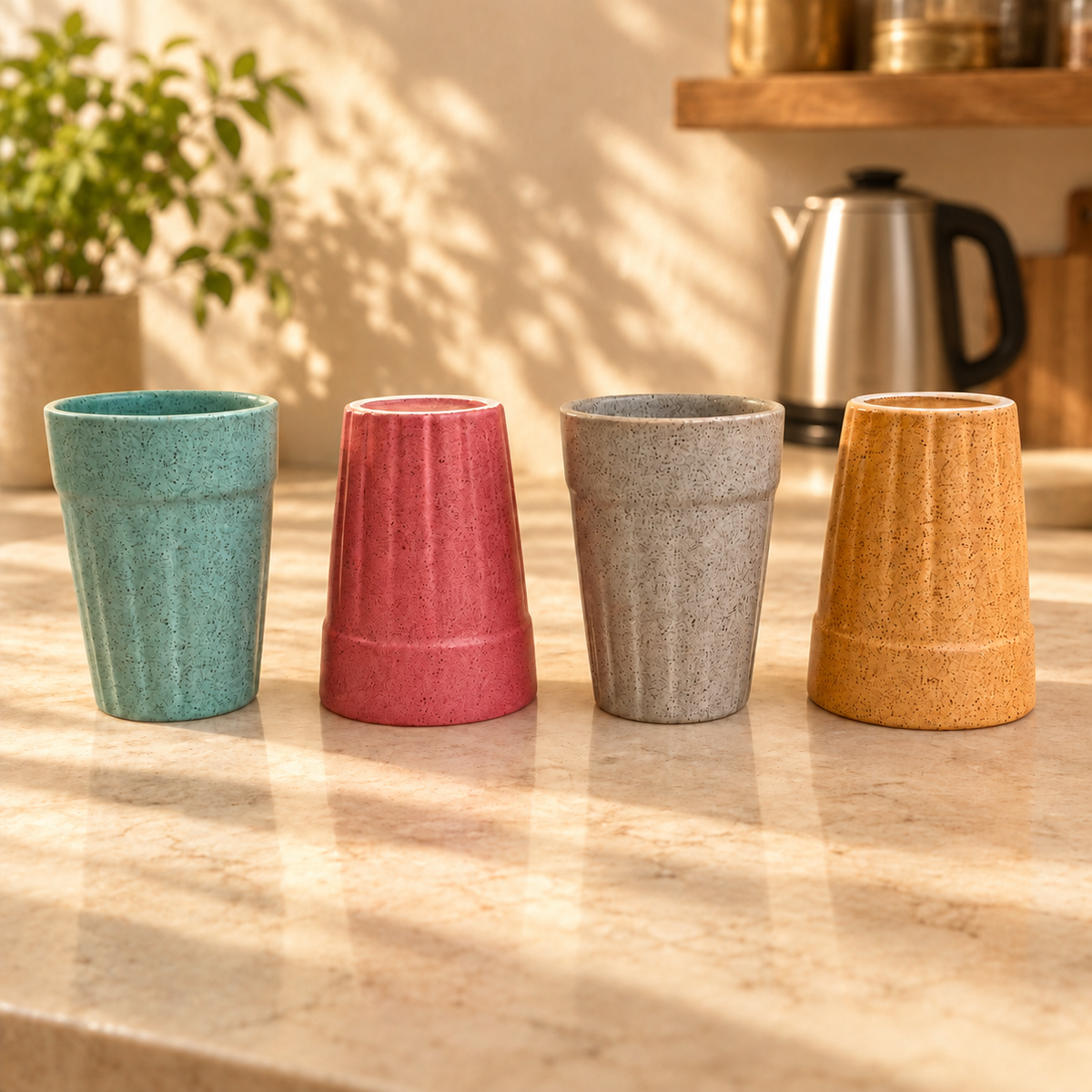 Ceramic Cutting Chai Glass Set with Gold Metal Stand