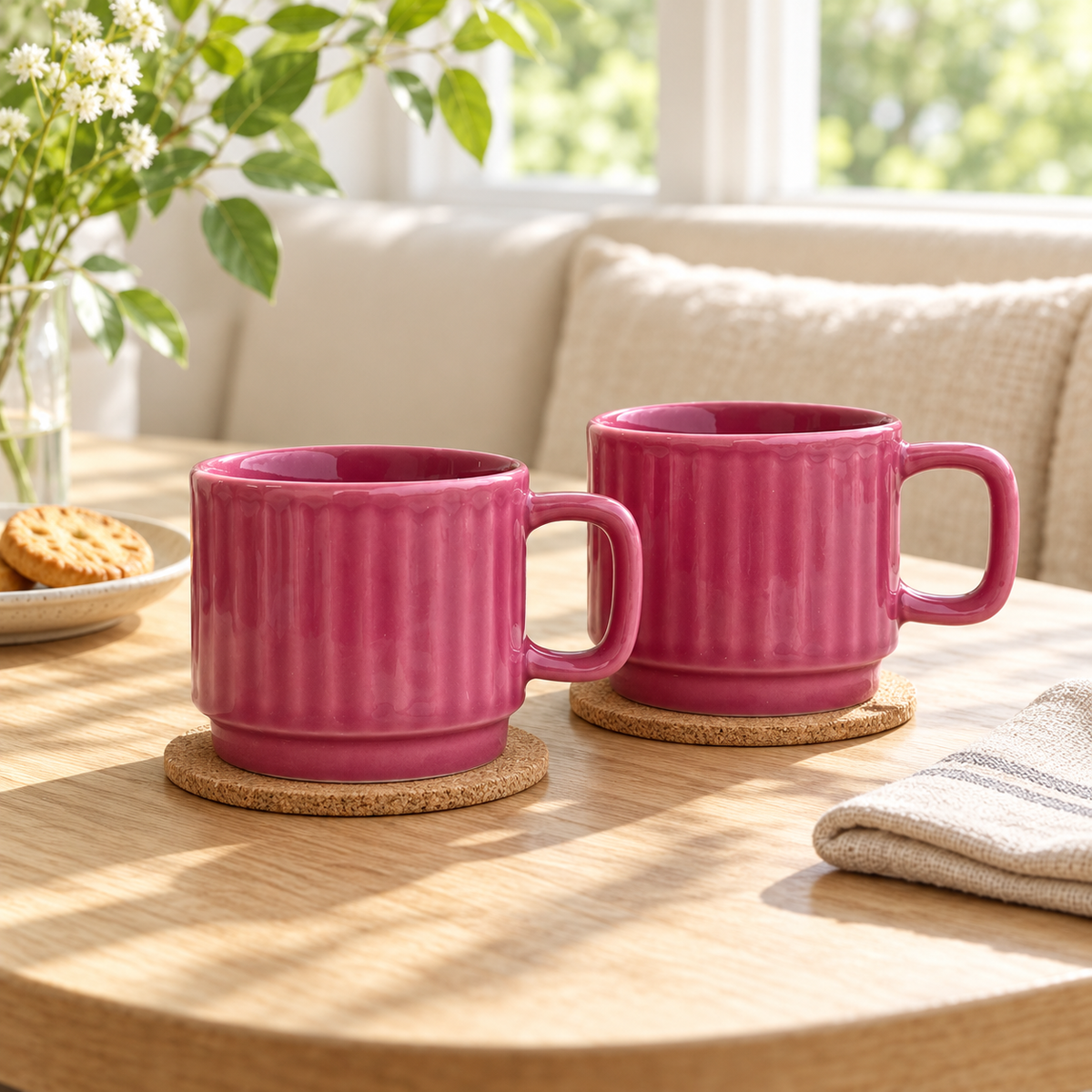 Deep Pink Ceramic Cups Pair
